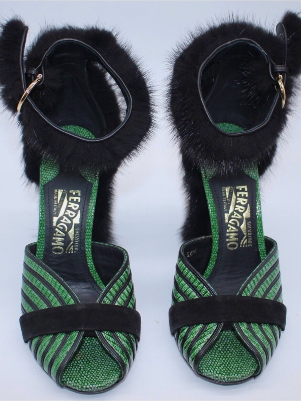 Salvatore Ferragamo Green & Black Fur Strap Women's Sandals. Size 6